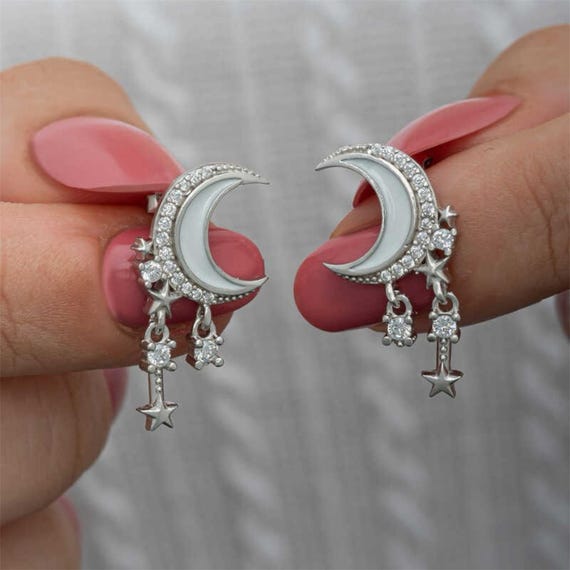 Silver Moon and Star Dangle Earrings for Women | 925 Sterling Silver Handmade Jewelry