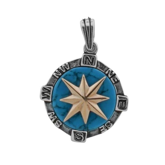 925 Sterling Silver Men’s Compass Necklace with Turquoise Stone – 7.5 g