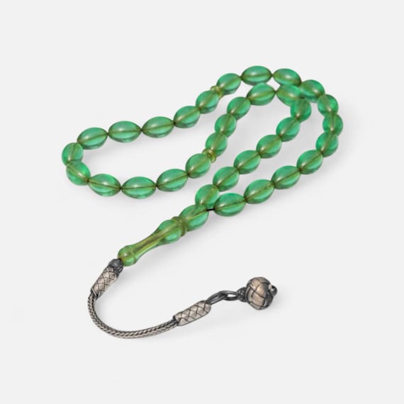Green Resin Misbaha with 925 Silver Kazaz Tassel Handmade Islamic Prayer Beads