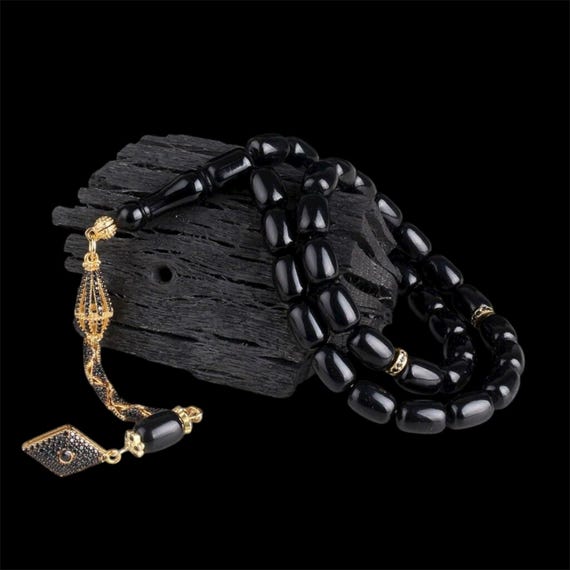 Black Capsule Fire Amber Tasbih Gold Plated 925 Silver Misbaha with Zircon Tassel