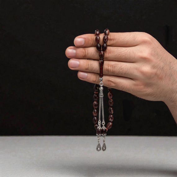 Silver Tassel Pressed Amber Prayer Beads Handmade Men Tasbih