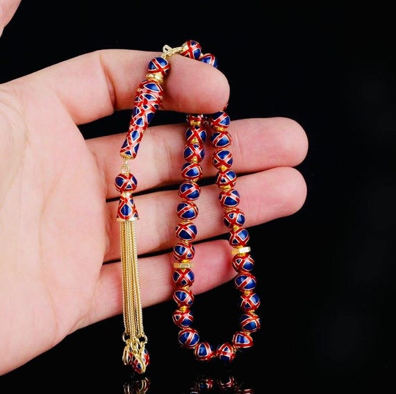 925 Sterling Silver Tasbih – Blue Red Enamel Zircon  – 7.5 mm