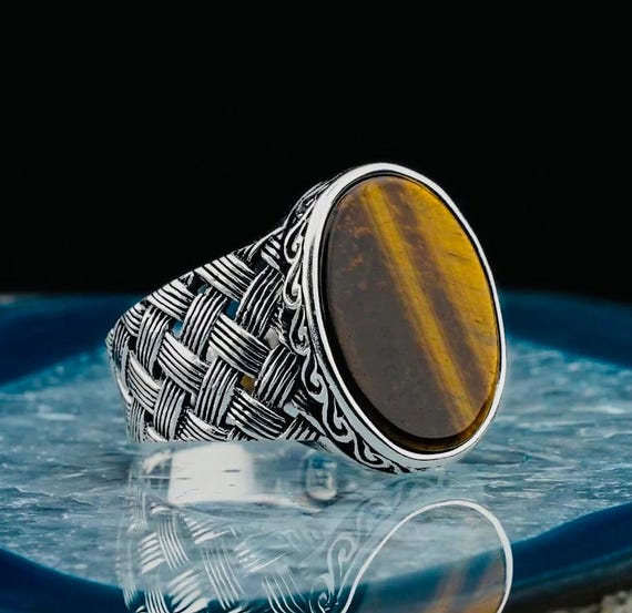 925 Sterling Silver Men's Ring: Oval Tiger Eye Stone, Braided Design