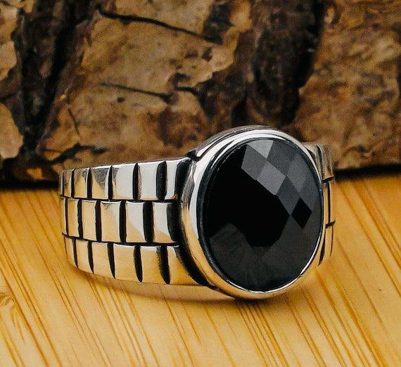 925 Sterling Silver Men's Ring: Black Zircon Watch Band Design