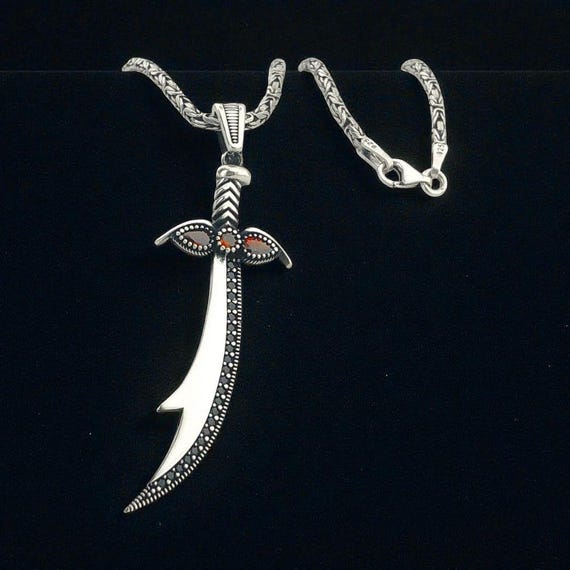 925 Sterling Silver Red Stone Zulfiqar Sword Necklace with King Chain