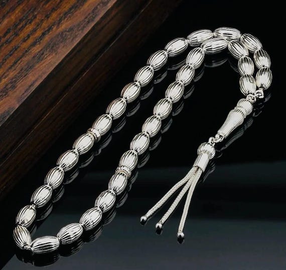 925 Sterling Silver Striped Barrel Cut Tasbih