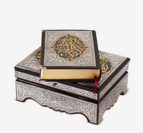 Silver Plated Holy Quran with Wooden Box Islamic Gift Set