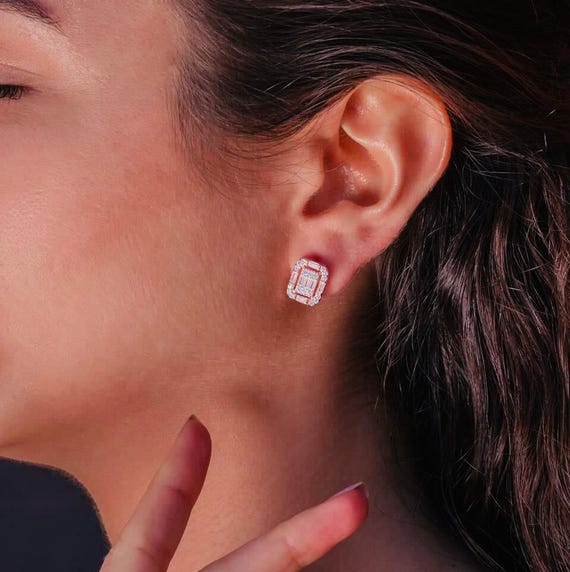 925 Sterling Silver J Hoop Earrings with Baguette Zircon – Rose Gold Plated