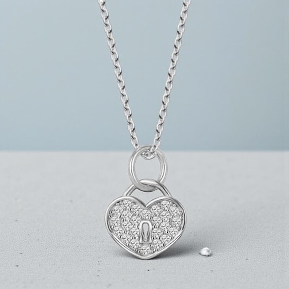 925 Sterling Silver Heart Lock Pendant Necklace – Dainty Crystal Charm Jewelry