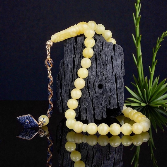 Damla Amber Misbaha with Navy Zircon & Silver Tassel – 9mm Amber Beads