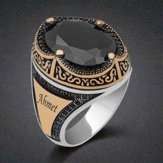 925 Sterling Silver Men’s Ring with Black Oval Stone & Custom Name