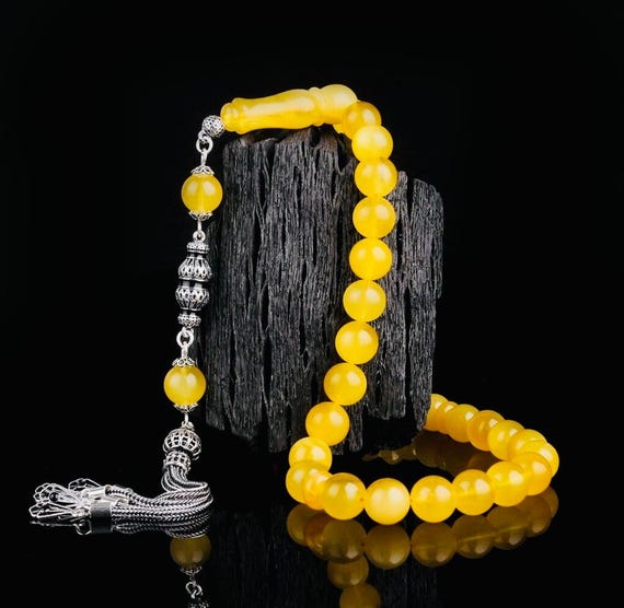Yellow Amber Misbaha with 925 Sterling Silver Enamel Tassel