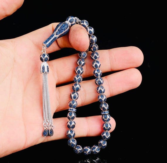 925 Sterling Silver Tasbih – Blue Zircon Design – 7.4 mm