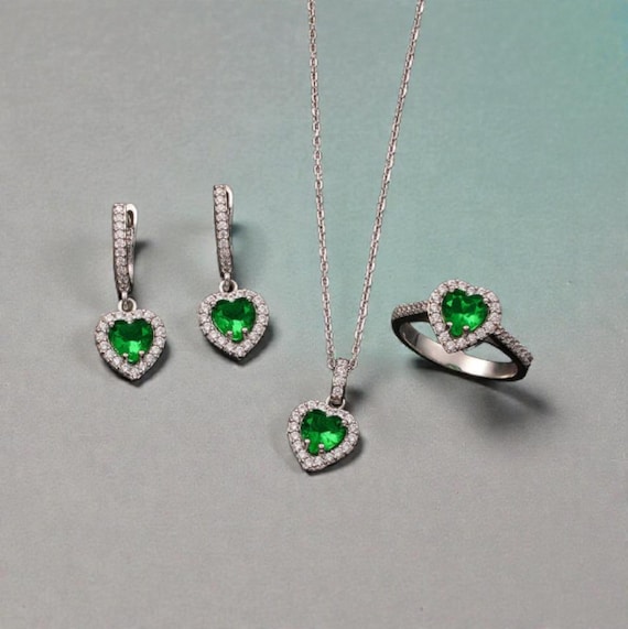 925 Sterling Silver Green Heart Jewelry Set Zircon Romantic