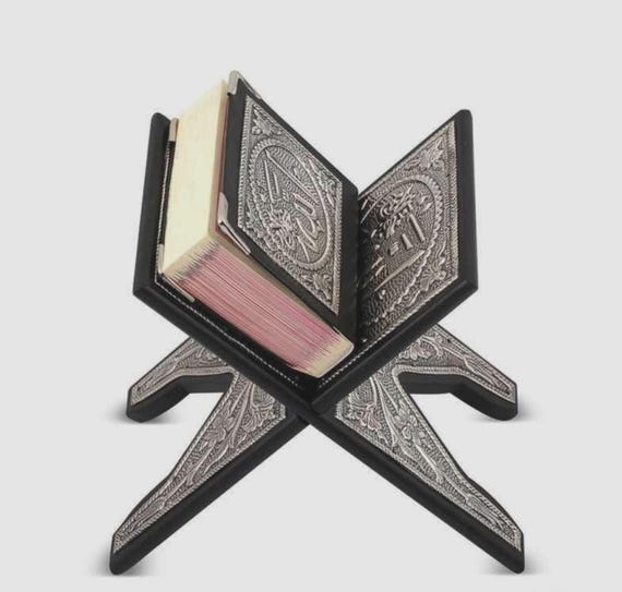Silver Plated Holy Quran with Wooden Rahle Islamic Gift Set