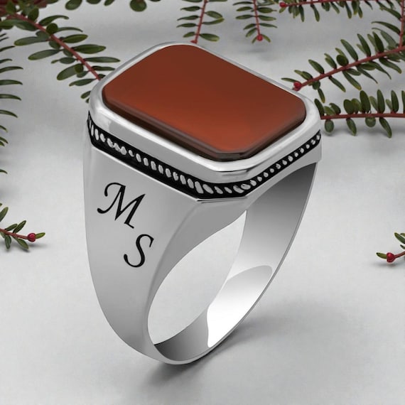 925 Sterling Silver Men’s Ring with Red Agate Stone & Custom Initials