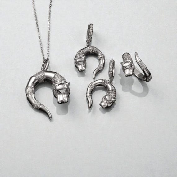 Sterling Silver Tiger Jewelry Set 925 Silver Necklace Earrings Ring