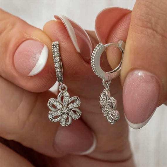 Silver Dangle Flower Earrings for Women 925 Sterling Silver Rhodium Plated