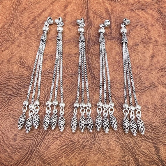 925 Sterling Silver Ottoman Style Triple Chain Misbaha Tassel Prayer Bead Tassel