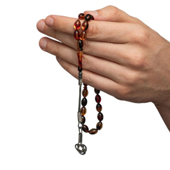 Mixed Color Amber Resin Worry Beads with 925 Silver Kazaz Tassel | Handmade Misbaha