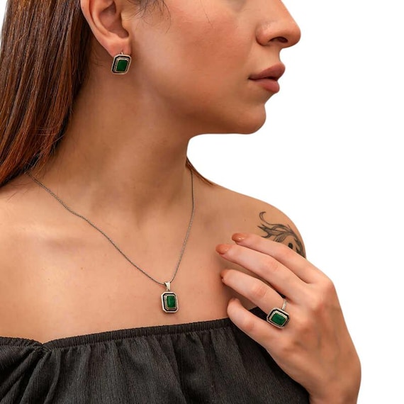 925 Sterling Silver Green Stone Jewelry Set Boho Ethnic Handmade Women Set