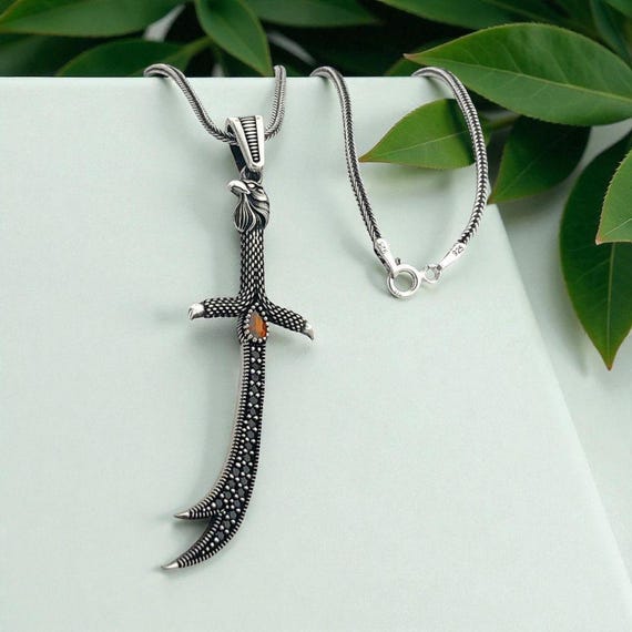 925 Sterling Silver Red Stone Eagle Head Zulfiqar Necklace for Men