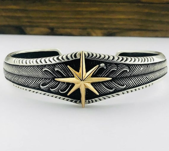 925 Sterling Silver Adjustable Men’s Cuff Bracelet with Compass Design – 27.20 g