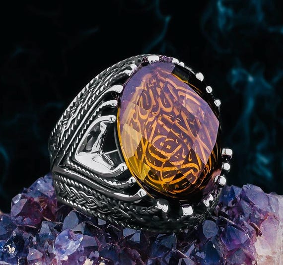 925 Sterling Silver Men's Zultanite Ring: Engraved Turkish Islamic Jewelry