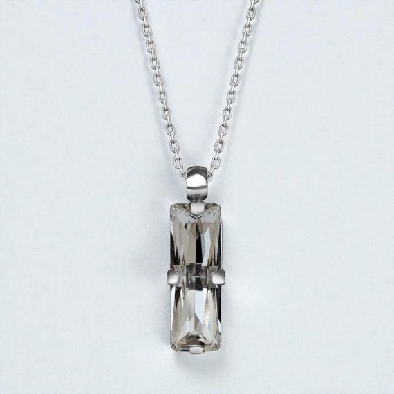 Crystal Baguette Necklace Silver  Minimalist 925 Sterling Silver Chain