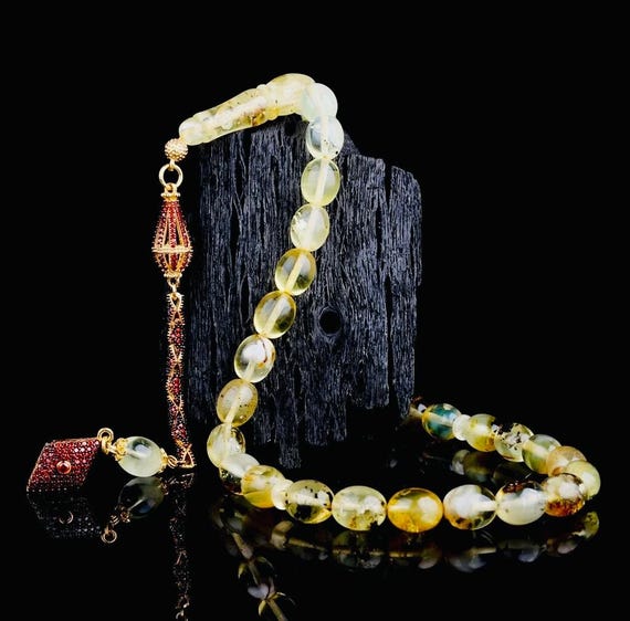 Damla Amber Misbaha with Red Zircon & Silver Tassel – Fossil Amber Prayer Beads