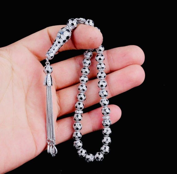 925 Sterling Silver Misbaha – Football Design – Black Enamel with Zircon – 7.3 mm