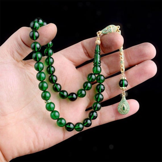 Green Fire Amber Tasbih 925 Silver Misbaha with Zircon Handmade Kehribar Prayer Beads