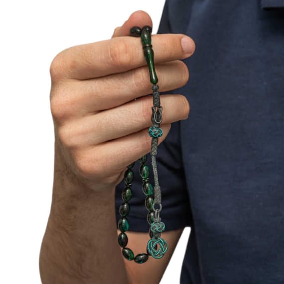 Silver Kazaz Tassel Green Pressed Amber Misbaha – Handmade Islamic Prayer Beads