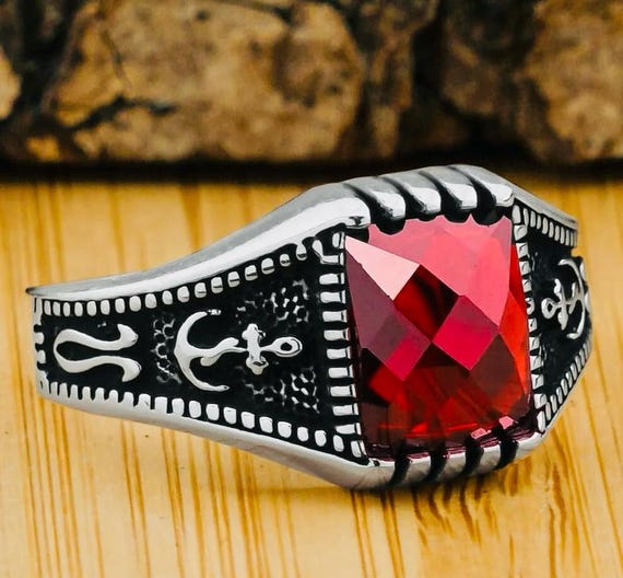 925 Sterling Silver Men’s Ring with Red Zircon Stone & Anchor Design – 7.2 g