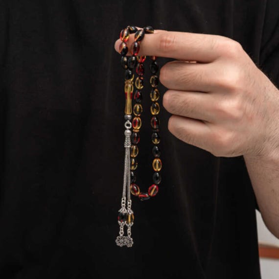 Silver Tassel Pressed Amber Prayer Beads Handmade Tasbih
