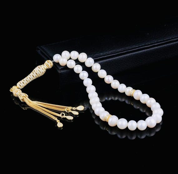 Gold Plated Zircon Silver Set Pearl Misbaha – 8 mm Beads (Wrist Size)