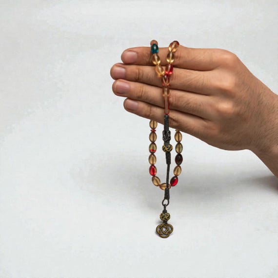 Mixed Color Amber Style Misbaha with 1000 Silver Kazaz Tassel  Handmade
