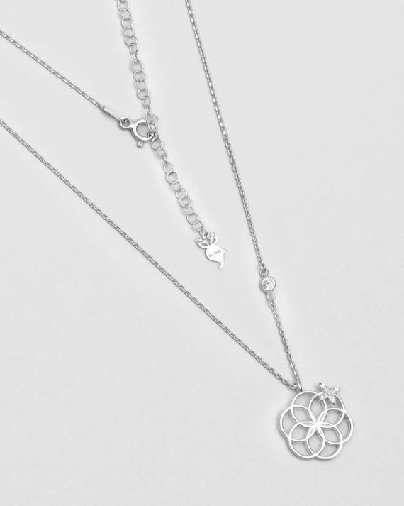Flower of Life White Gold Plated 925 Sterling Silver Necklace with Butterfly