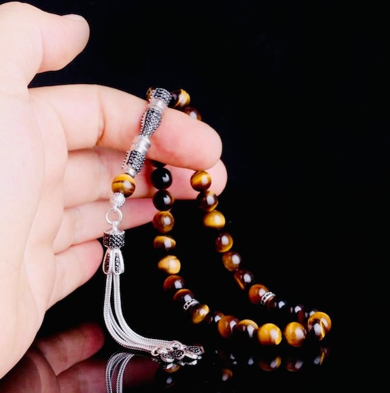 Tiger Eye Misbaha – 925 Silver Tassel with Zircon – 8 mm Beads – 24 cm