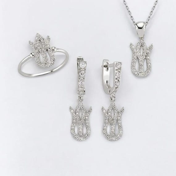Tulip Jewelry Set for Women  925 Sterling Silver Cubic Zirconia Necklace Earrings