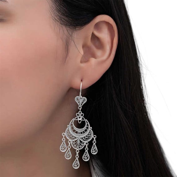 Crescent Moon Filigree Dangle Earrings for Women 925 Sterling Silver Handmade Turkish Jewelry