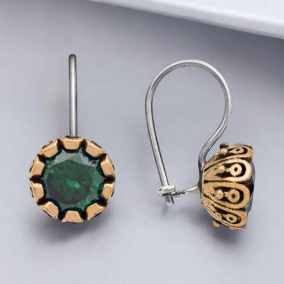 Green Stone Round Earrings for Women 925 Sterling Silver Handmade Ethnic Earrings