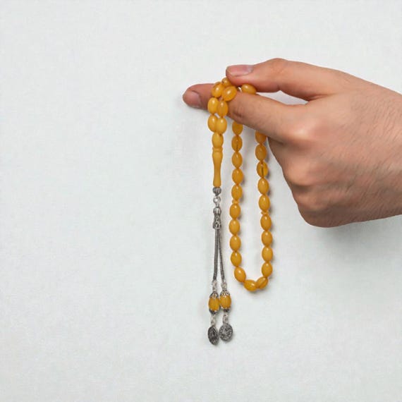 Handmade Silver Tassel Pressed Amber Misbaha