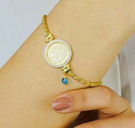 925 Sterling Silver Tugra Bracelet with Evil Eye & Rope Chain – Gold Plated – 20 cm