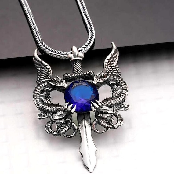 925 Silver Blue Stone Dragon Sword Men Necklace
