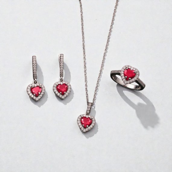925 Sterling Silver Red Heart Jewelry Set Zircon Romantic Women Gift Set
