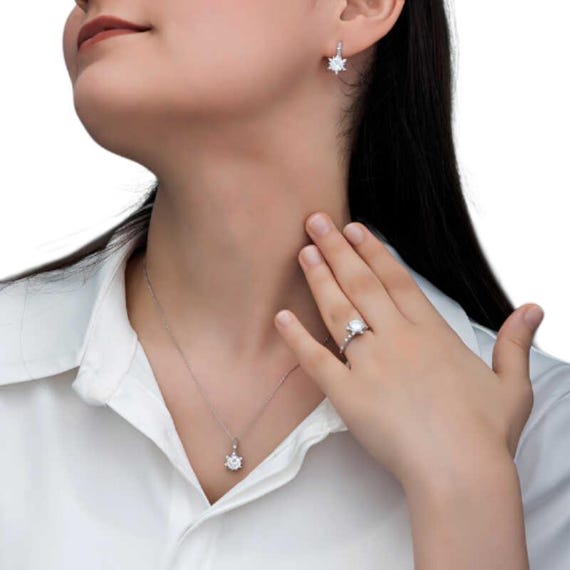 925 Sterling Silver Floral Jewelry Set White Zircon Rhodium Plated Elegant Women Set