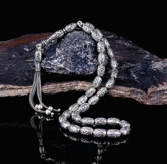 925 Sterling Silver Tasbih – Engraved Model – 6.9 mm – 27 cm