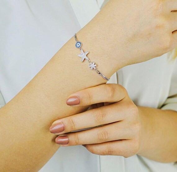 925 Sterling Silver Evil Eye Snowflake Bracelet with Star Design