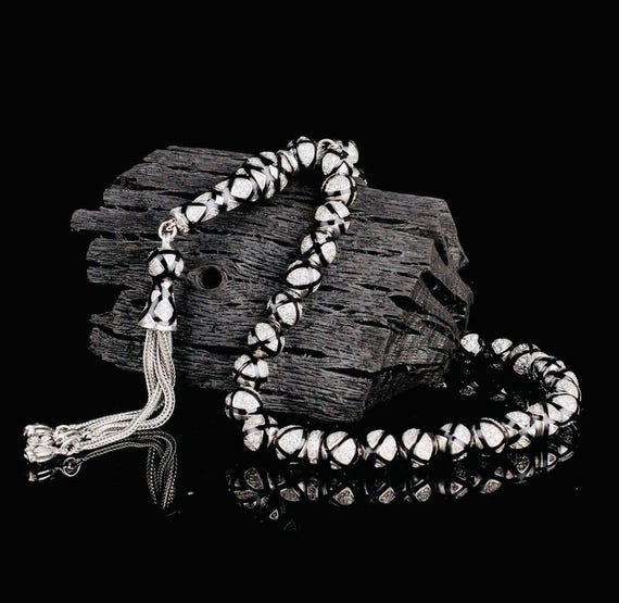 925 Sterling Silver Misbaha – Black Enamel with Zircon  – 7.5 mm